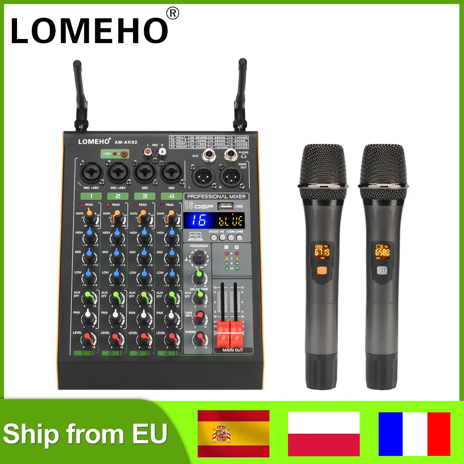 LOMEHO 16 Effects 4 Channel Audio Mixer with UHF Wireless Microphone USB Bluetooth Karaoke System Sound Mixing Console AM-AKS2