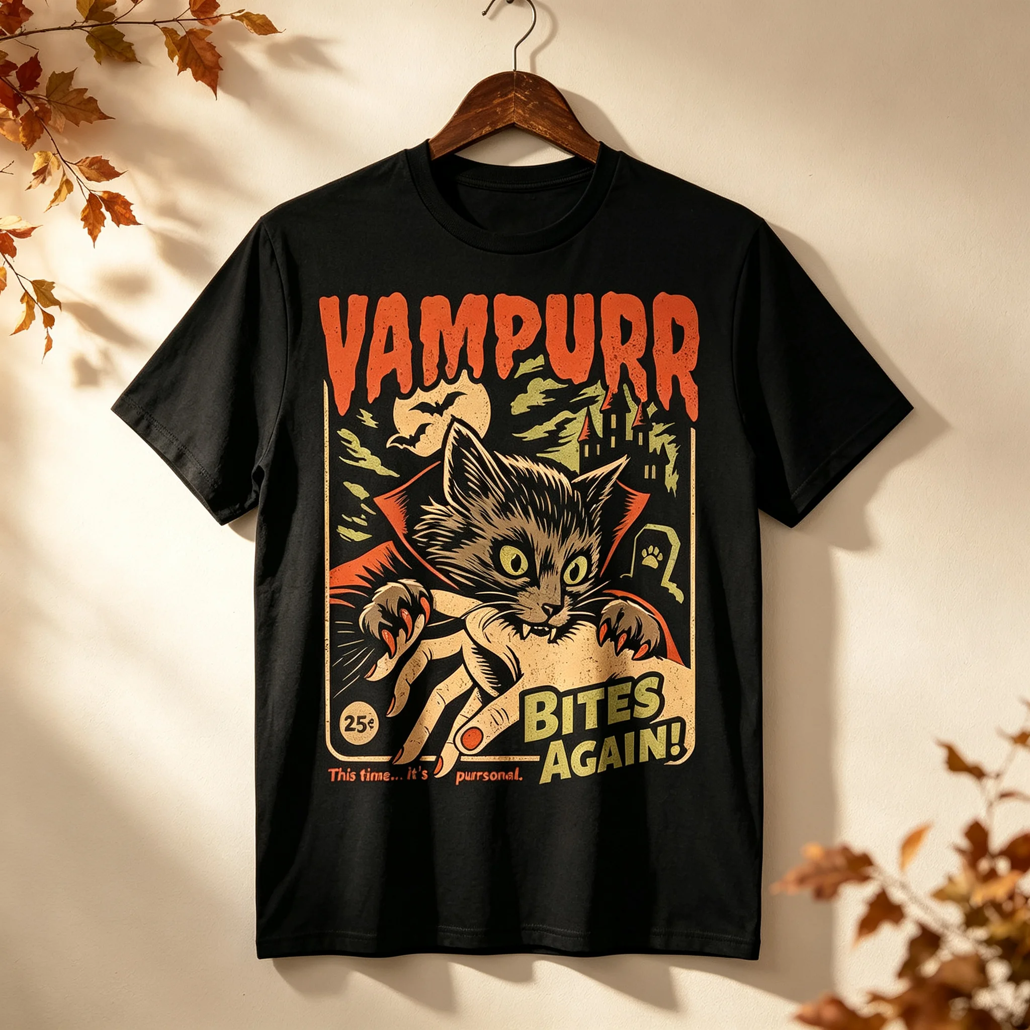 Vampurr Bites Again Halloween T-Shirt, Retro Vintage Vampirkatzen-Grafik-T-Shirt, Gruseliges Horror-Fledermaus-Schloss Sarkastisches Herbst-Herren-Shirt – Detail 4
