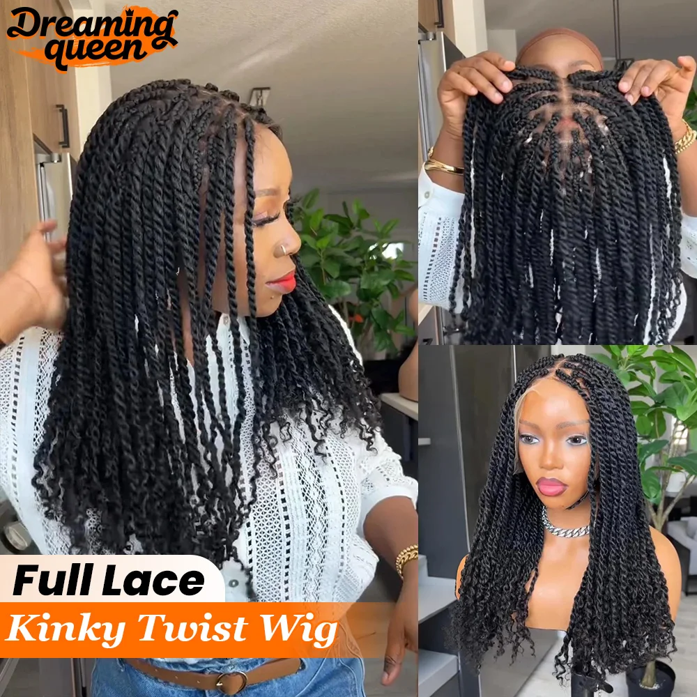 

Волосы Dreaming Queen, натуральный черный цвет, полный кружевной парик Kinky Twist с завязками Invisi, 180% плотность, синтетический плетеный парик из волос