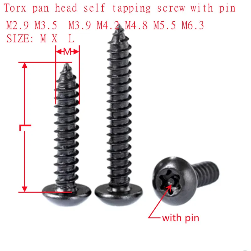 10-50pcs M3 M4 M5 M6  Black Steel Pin Six Lobe  Round Pan Button Head Tamper Proof Security Self Tapping Wood Screw
