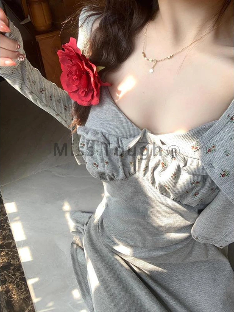 Gray French Vintage Two Piece Set Women Patchwork Floral Elegant Dress Suit Female Korean Style Cardigan Sweet Maxi Dress 2024