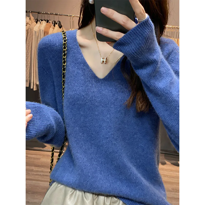 

Spring Autumn Winter Wool Pullover Women's V-neck 100% Merino Wool Sweater Knitted Fashion Casual Soft Long Sleeve Knitting Tops