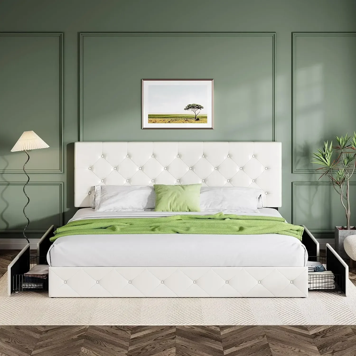 

zz King Size Platform Bed Frame with 4 Storage Drawers and Headboard/Upholstered Diamond Stitched Button