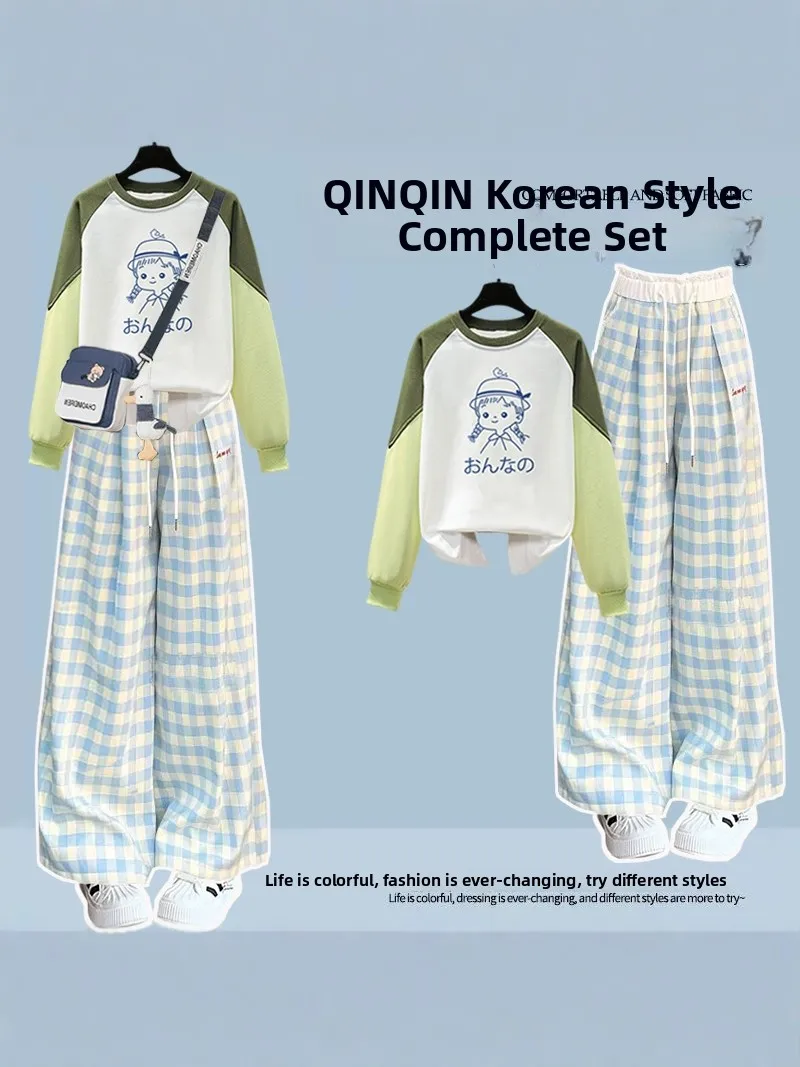 

Spring Autumn Plaid round Neck Hoodie Jacket Two Piece Set High School Girls Fashion Outfit Long Pants College Style Ensemble