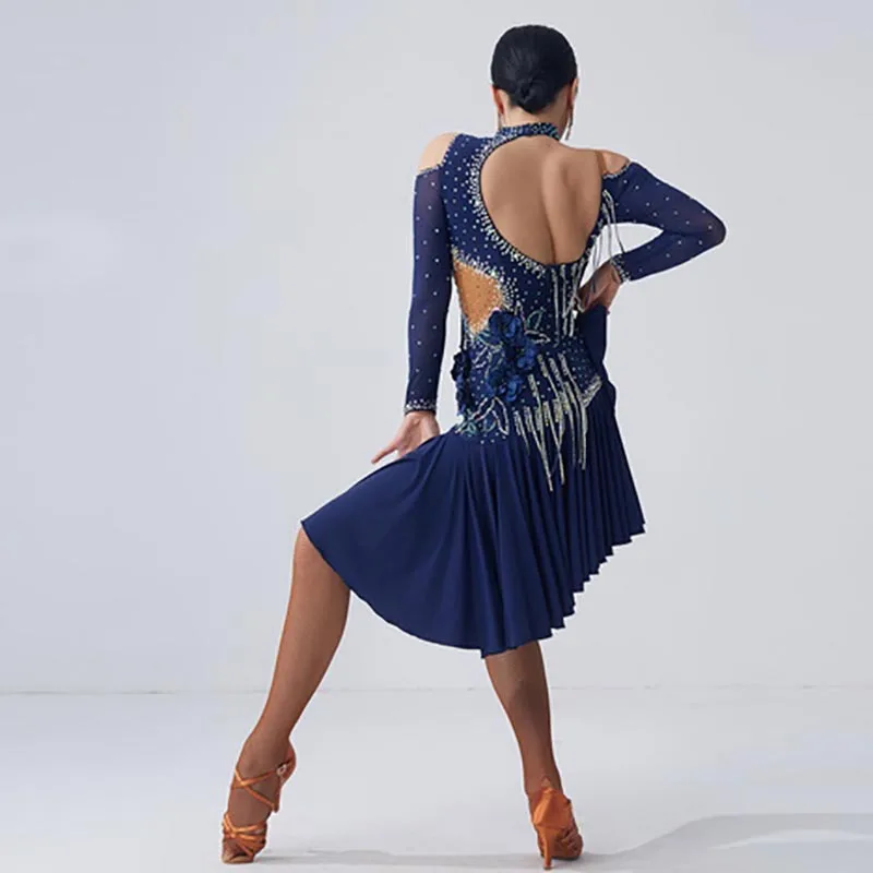 L-2045 Latin Dance Dress Competition Dress Costumes Skirt Performing Dresses Rhinestones Customize Size Dark Blue Dress for sale