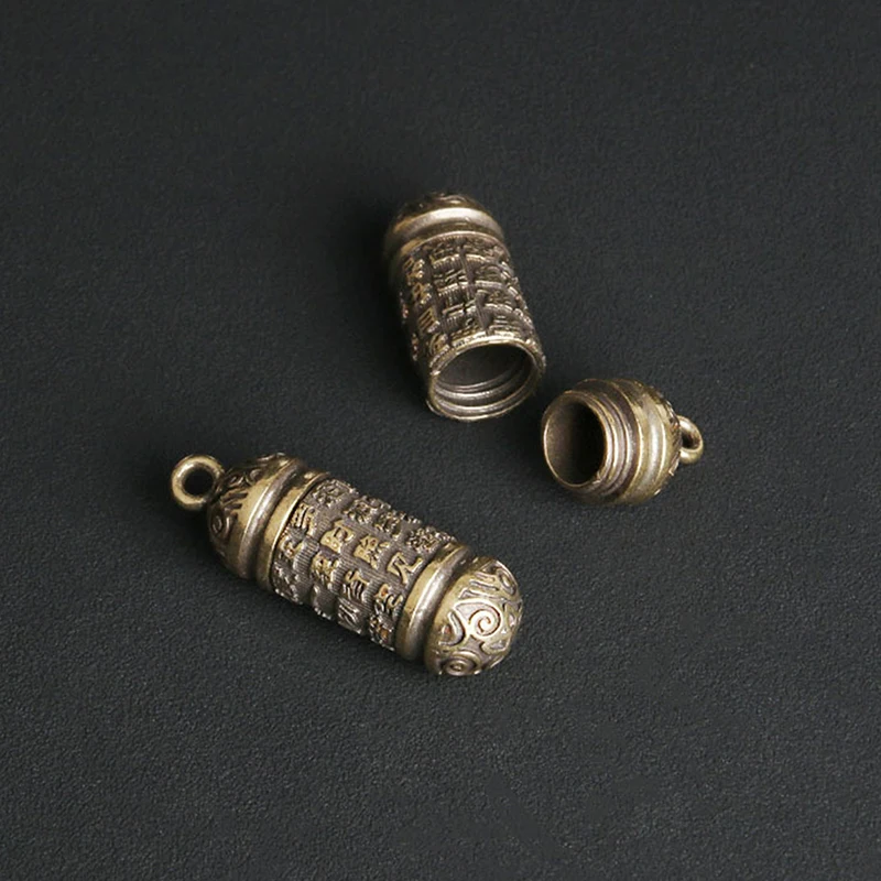 (.) Hollow Brass  Bottle Sutra Cylinder Pendant Keychain Handmade Vintage Pill Box Container Bottle Keychain Pill Case Bottle - view 5