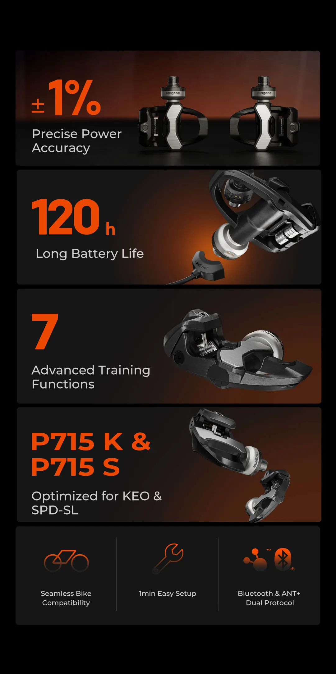 Pedali Misuratore Di Potenza Magene P715 Per Strada - Dual-side, Ricaricabili USB, Compatibili LOOK KEO
