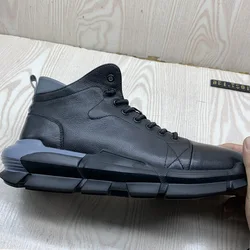 New Genuine Leather Active Shoes Mens Black Outdoor Warm High-Top Lace Up Waterproof Breathable Natural Cowhide Casual Shoes