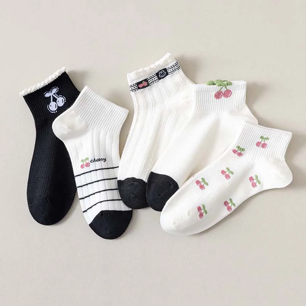 Female Hosiery Cherry Cotton Short Socks Cherry Print Sweat Absorption Cotton Ankle Socks Thin Lolita Cotton Boat Socks Summer