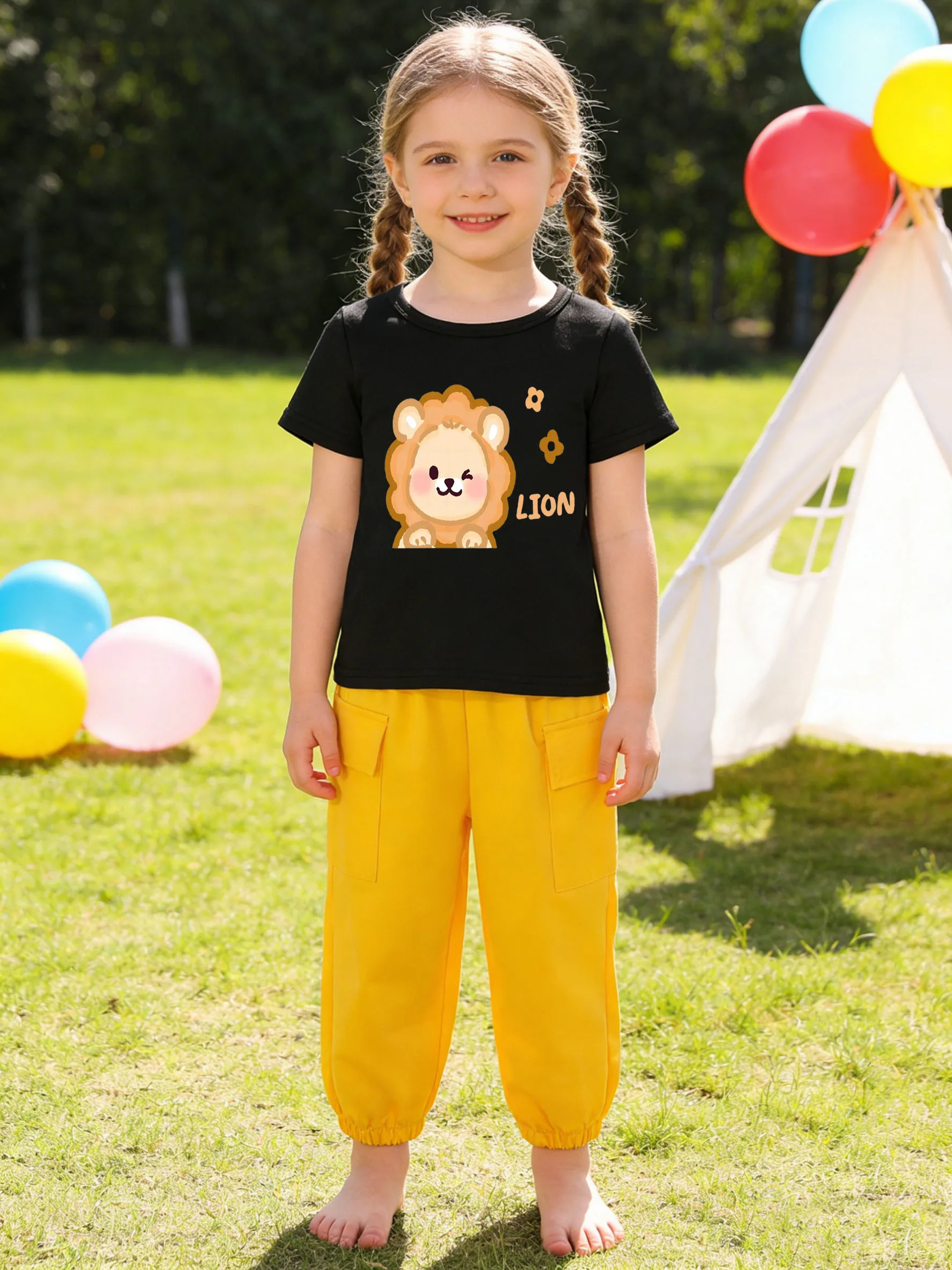 

Black T + Yellow Cargo Pants: Cute Lion—Outdoor Sweet-Cool Baby