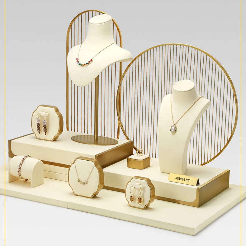 Jewelry Exhibitor Set Display Stand Beige Props for Jewelry Store Counter Window Display Necklace Earrings Organizer Showcase