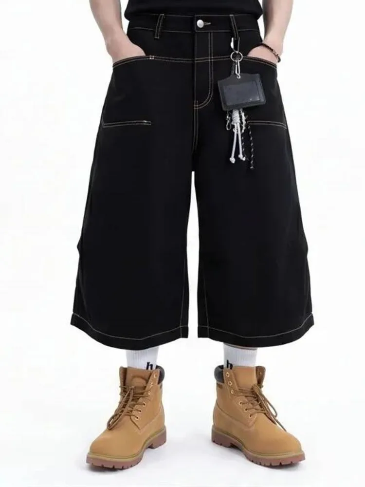 American Style Black Men's Denim Shorts Summer Trendy Simple Vintage Loose Fit Workwear Wide Leg Jeans Summer Pants H17F