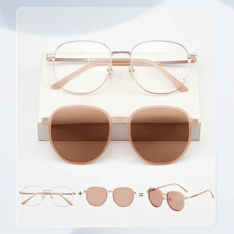 OLLYMURS Moda Donna Clip-on Occhiali polarizzati magnetici caldi Retro Rotondi in lega Prescrizioni Montatura per occhiali da donna