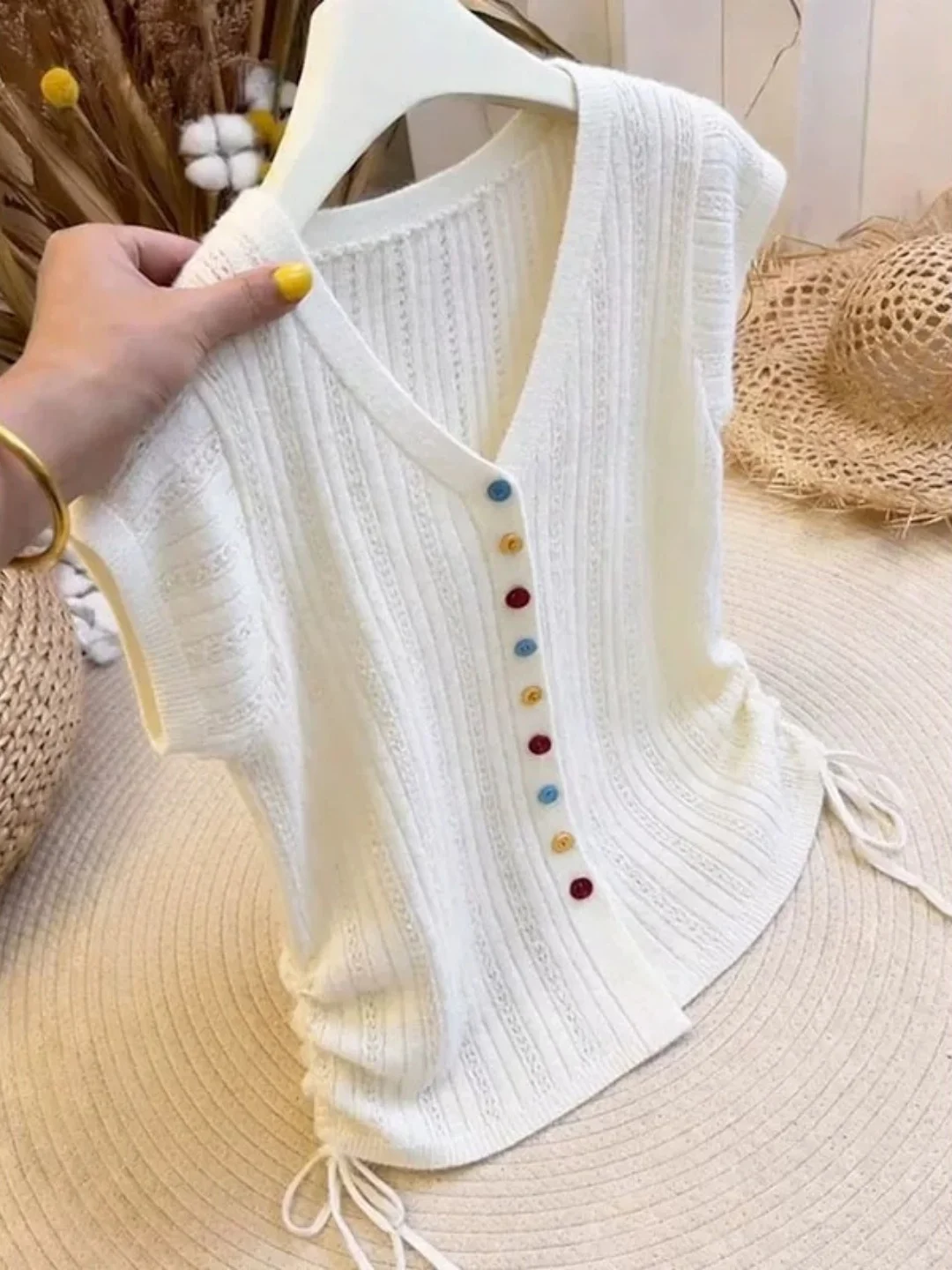 

Summer Ice Silk Knitted Top Women's V-neck Single-button Design Trendy Korean Style Short Sleeve Drawstring Fashionable