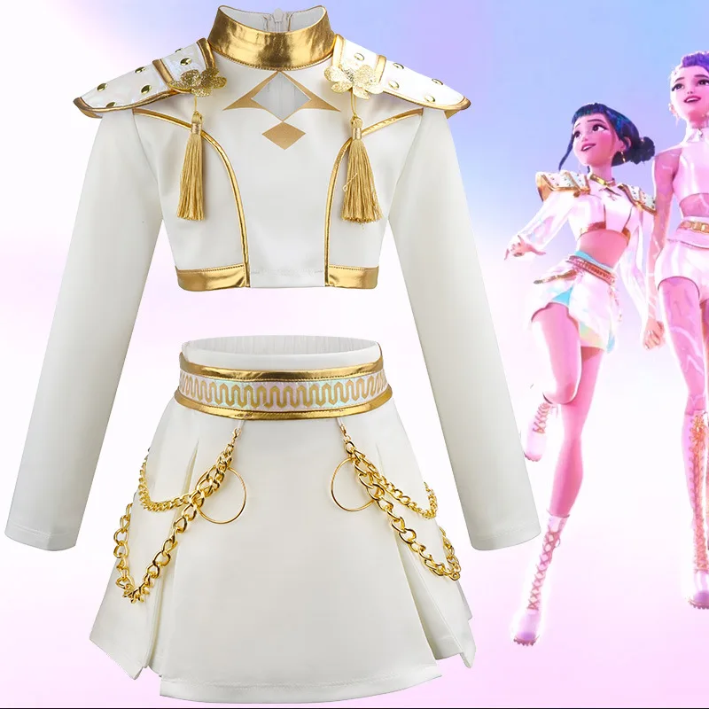 Costume da cacciatore di demoni Kpop con vera catena Rumi Halloween Cosplay Hot Girls Show Costume Nero lucido Set Set per bambini di Halloween