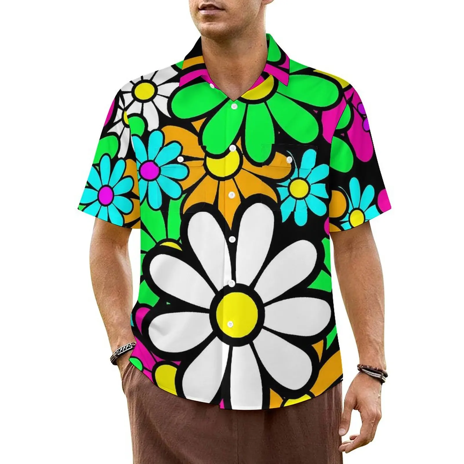 

Retro Flower Power Casual Shirt Happy Daisies Loose Hawaiian Shirts Men Short Sleeve Beach Y2K Fashion Custom Oversized Blouses