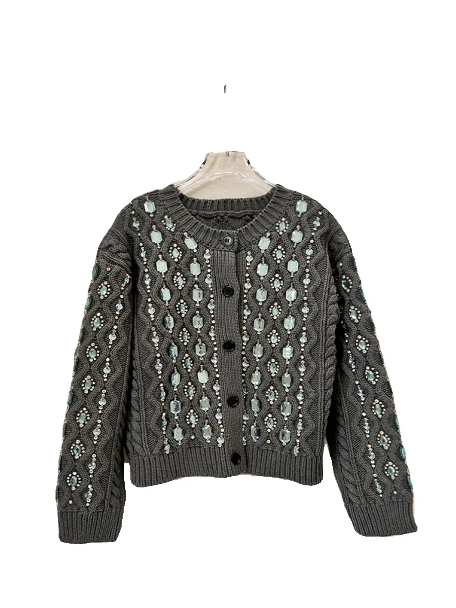 2024 New Retro Feminine Beaded Small Fragrant Short Sweaters Gorgeous Women\'s Long-sleeve Jacquard Diamond Cardigan Knitted Tops