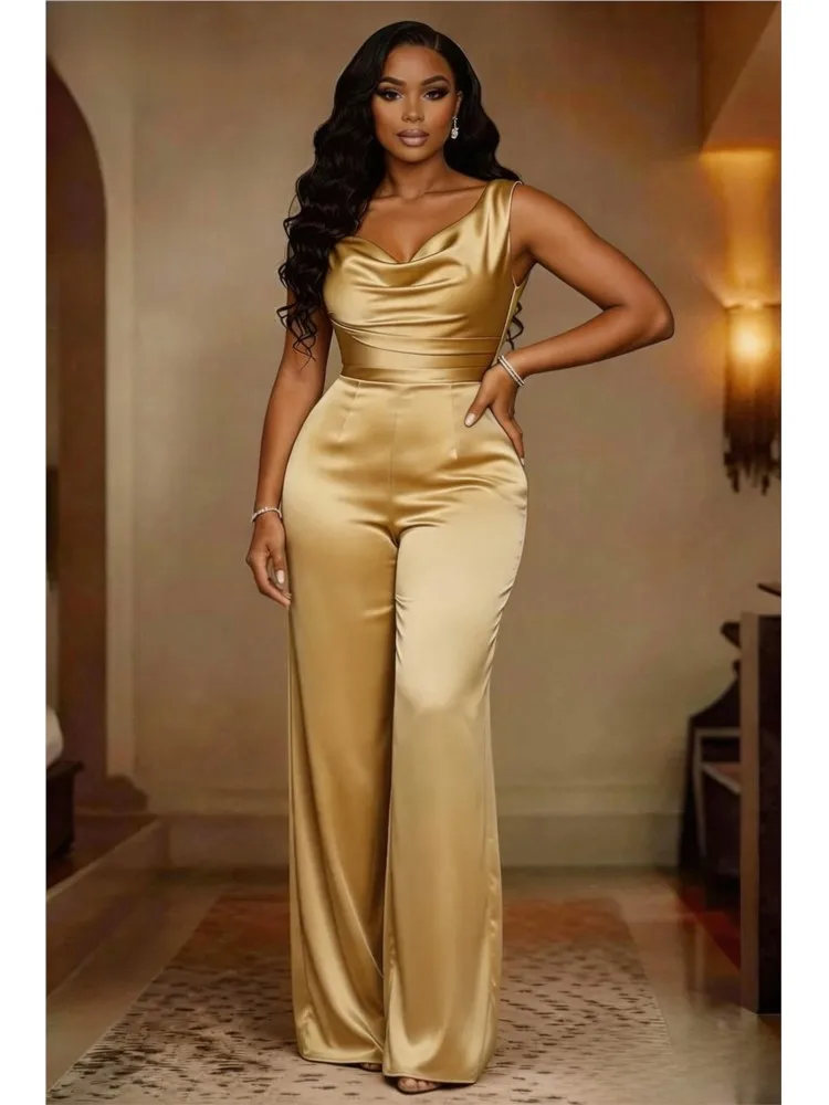 Sexy Swing Collar Solid Satin Jumpsuit Summer Fashion Camisole Wide Leg Pants Romper Women Casual Sleeveless Pleat Long Playsuit