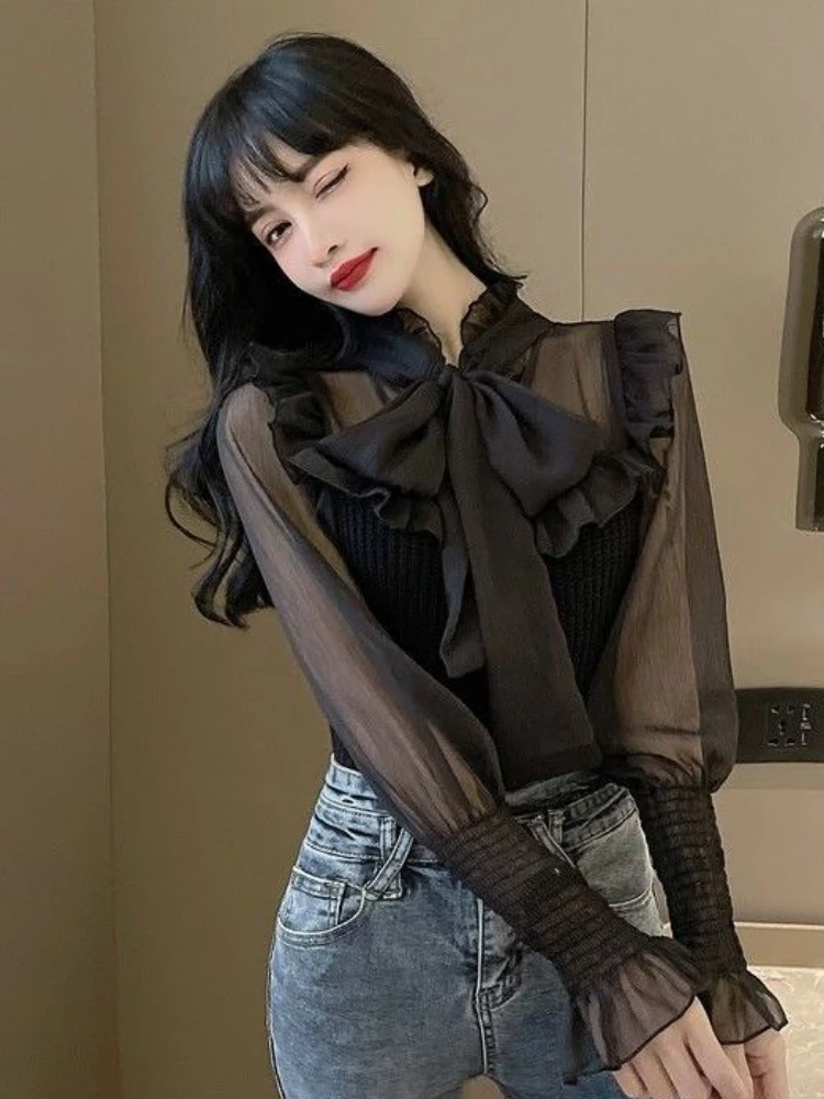 Women Blouse Elegant Chic Sweet Design Ruffles Leisure Solid Spring Tender Lantern Sleeve French Style Ladies All-match Simple