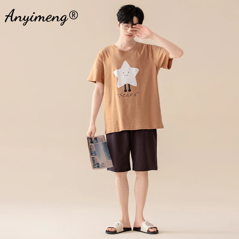 High Quality Pj for Boy Sleeping Lingerie Man Cartoon Sleepwear 100% Cotton Mens Shorts Summer New Male Short Sleeves Pajamas