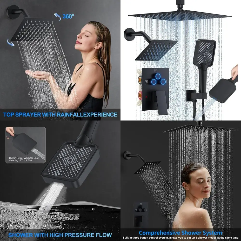 

12 Matte Black Ceiling Mount Rainfall Shower System with 12 Top Spray, 6 Side Spray, and Multi-Function Handheld Shower Trim Kit