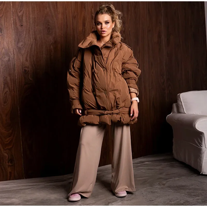 Übergroße Mäntel für Damen, mit Revers, Schulterklappen, doppelreihig, mit Schnürung am Saum, wattierte Jacken, Winter, langärmelig, einfarbig, neue Oberbekleidung. – Detail 6