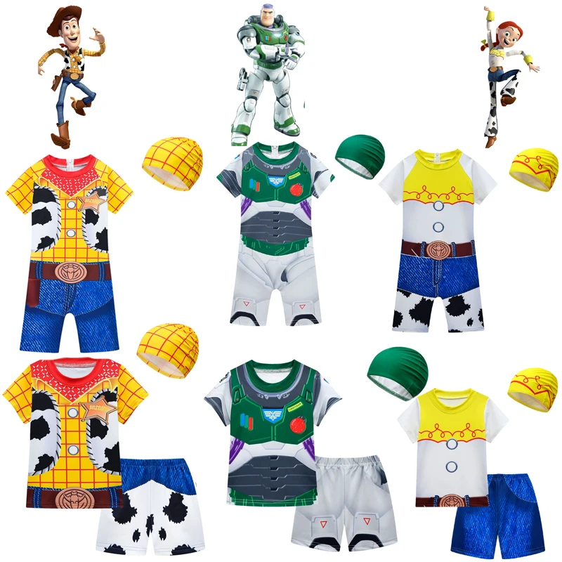 New Summer Toy Story 4 Boys Jessie Sports suit Cartoon swimsuit Baby girls Swimming Cowgirl Costume Buzz Lightyear Clothes Set