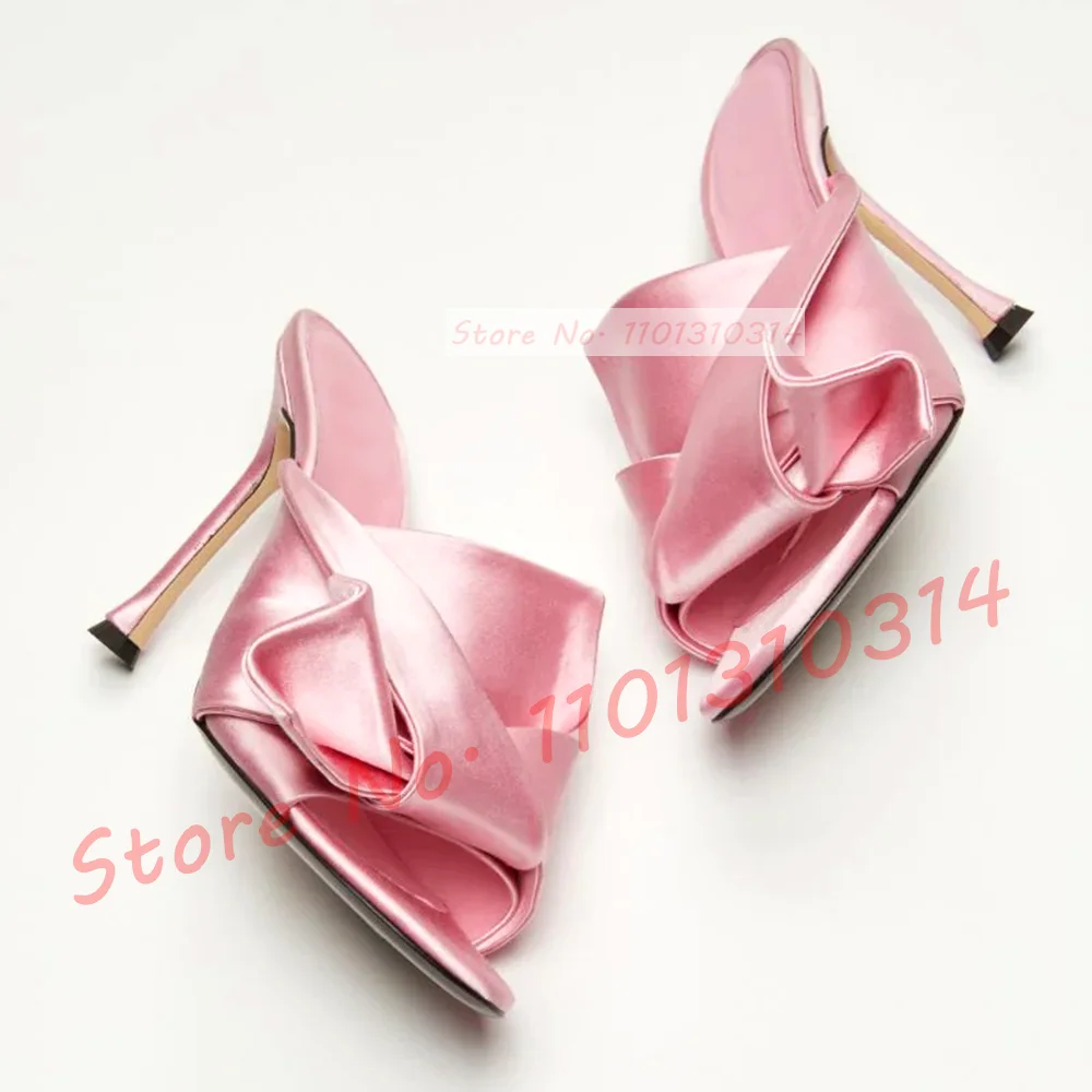 Red Satin Bowknot Mules With High Heels Women Open Toe Elegant Summer Slippers Female Outdoor Lovely Feminine Foldover Shoes