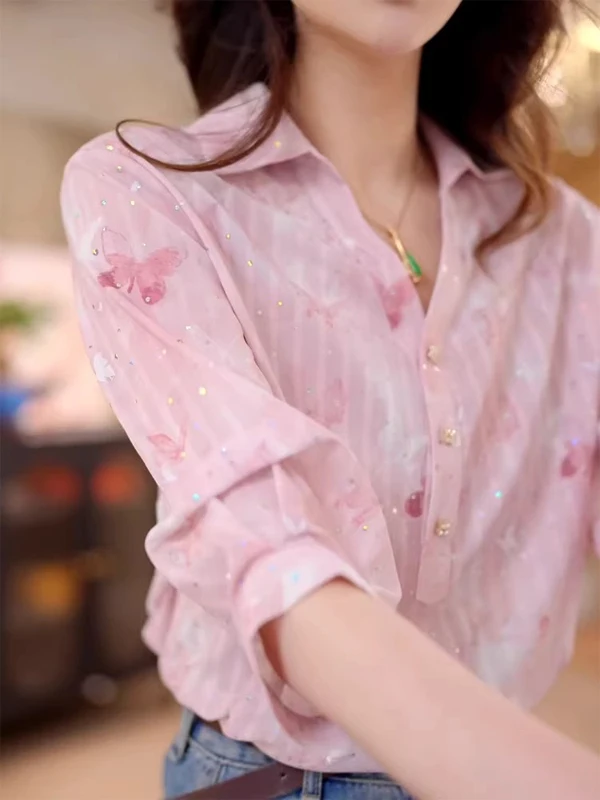 

French Style Print Short Sleeve Shirt Women's Summer New Fashion Age Reduction Rhinestone Top Elegant Sweet