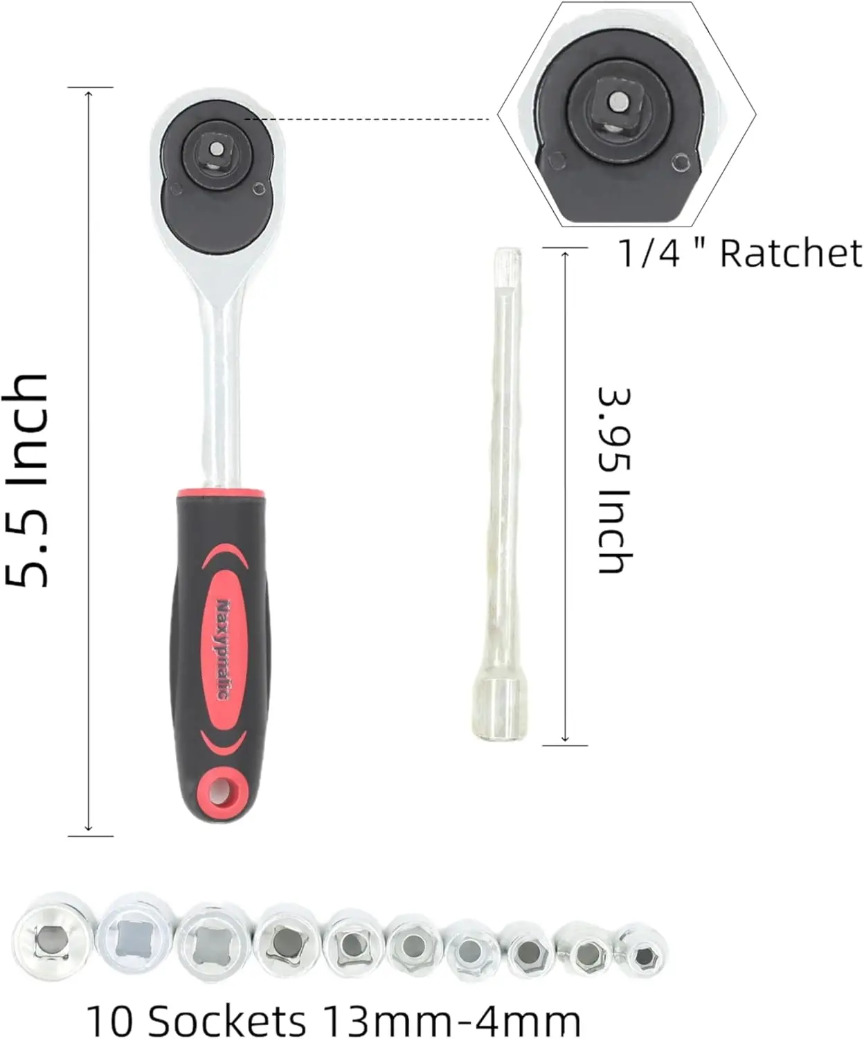 12個入り 1/4インチ ラチェットソケットセット、4-13mm メトリック、クイックリリースハンドル＆エクステンション