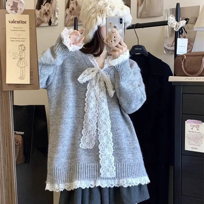 

Bow Lace-up Knitted Top Women Sweet Patchwork Lace Ruffled V-Neck Sweater Knitwear Autumn Winter Fashionable Korean Pullovers