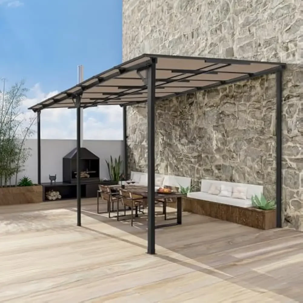 10’ x 14’ Gazebo, Wall-Mounted Pergola Lean to Gazebo, Hard Top Heavy Duty Awnings for Decks, Backyard, Patio