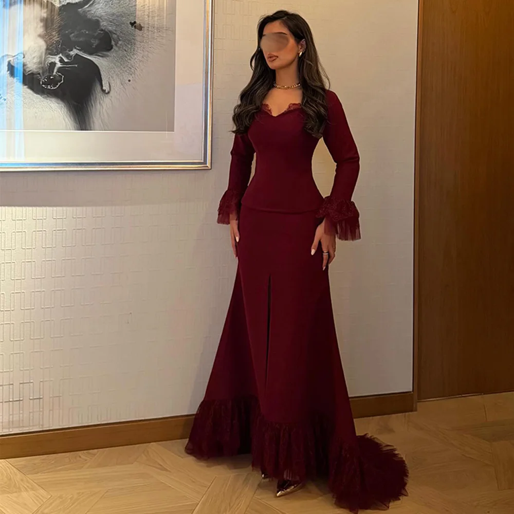 

Customized Elegant V-Neck Long Sleeves Evening Dress Modern Lace Mermaid Celebrity Gowns Flare Sleeve Bespoke Occasion Gowns