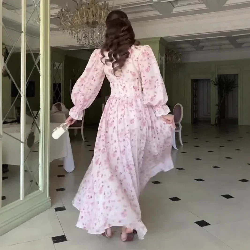 Ele Floral Print Maxi Dr Slim Fit Long Sve mid Waist Cotton Polyester Knitted High Waist Spring New Arrival