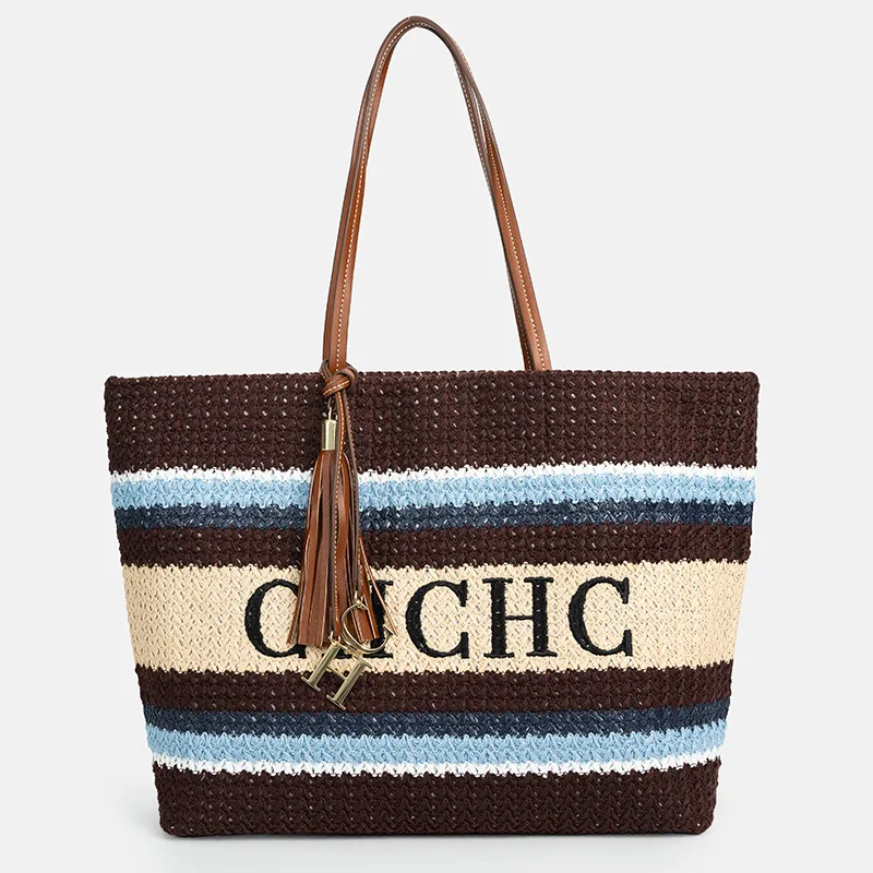 

Разноцветная полосатая большая сумка для работы, тканая сумка через плечо 2026, просторная и легкая женская сумка, универсальная дорожная сумка