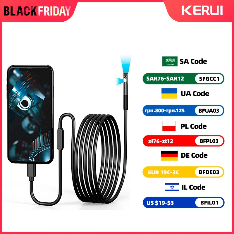 KERUI 2MP Single/Dual Lens Endoscope Android Mini Inspection Camera for Iphone Waterproof Pipeline Borescope Type C IOS