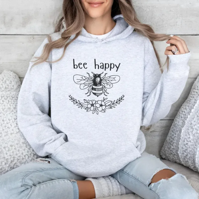 Bee Happy น่ารักฤดูใบไม้ร่วง Hoodie Positivity Bee Lover ของขวัญ Bee Hoodie น่ารัก Bee เสื้อสําหรับบุรุษและสตรีสวมใส่ทุกวัน