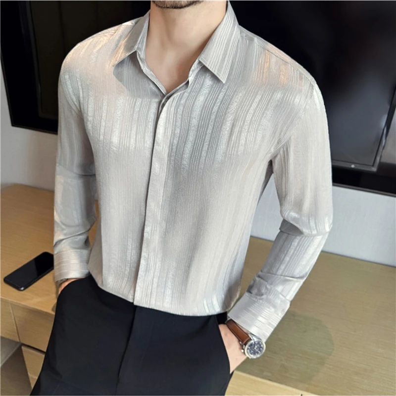 Autumn 3D Pleated Striped Long Sleeved Shirt for Men Casual Business Dress Shirt Versatile Office Social Work Uniform Shirts