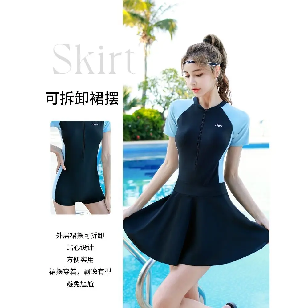 Summer One Piece Swimsuit With Skirt 2022 Women Short/Long Sleeve Swimwear Female Beachwear Bodysuit Bathing Swimming Suits