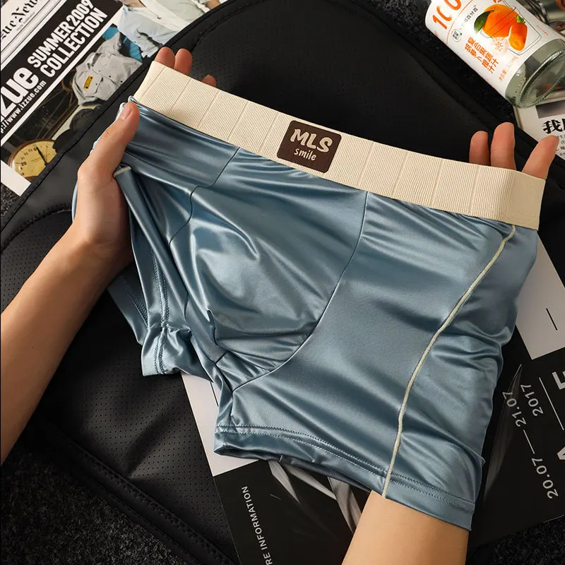 Ropa interior suave de seda de hielo de lujo para hombre, calzoncillos Boxer sexis transpirables tipo satén, calzoncillos con bolsa para bulto en U, bragas de secado rápido