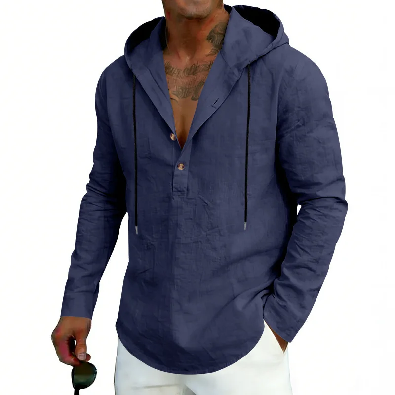 Spring Autumn Men Linen Hooded Shirt Solid Color Long Sleeve Casual Loose Breathable Lightweight Streetwear Male Daily Tops