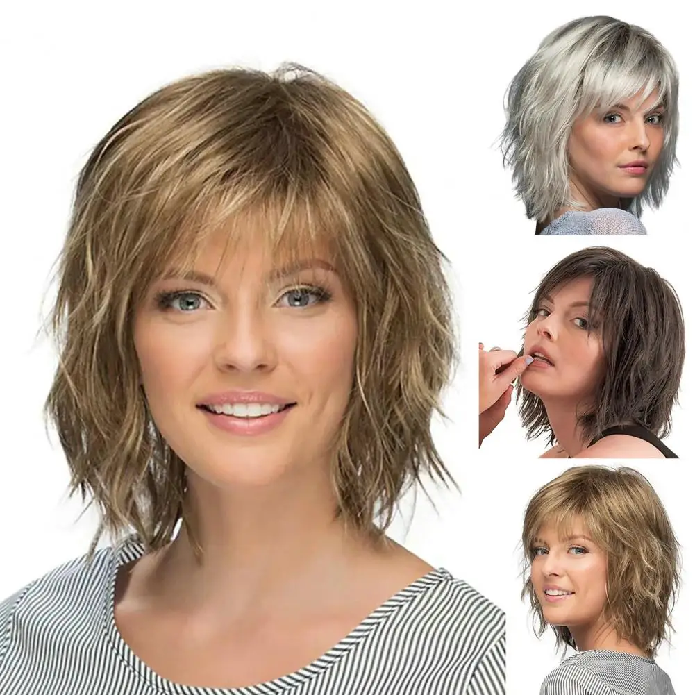 Women Short Curly Wig with Bangs Natural High Temperature Fiber Synthetic Wig Ladies Messy White Brown Synthetic Hair