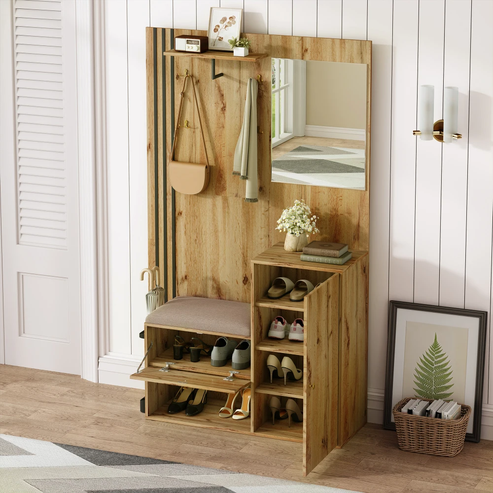 Kleiderschrank-Set, kompakter Flur-Kleiderschrank mit Spiegel und Kissen mit schwarzem Zierstreifen, Regal, Flur-Kleiderschrank, Schuhschrank – Detail 6