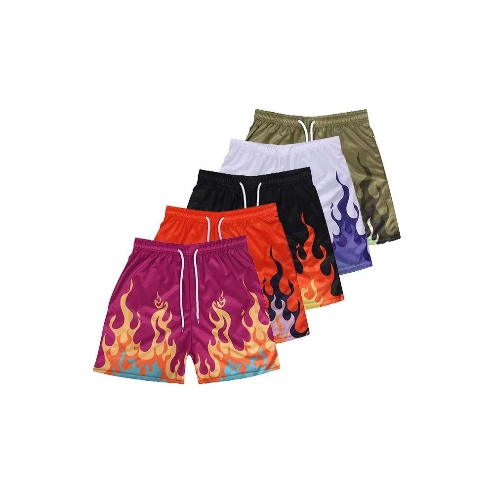 Basketball Shorts Men Sweatpants Flame Pattern Quick Drying Loose Sports Shorts Casual Trendy Running Training Beach Shorts Moto