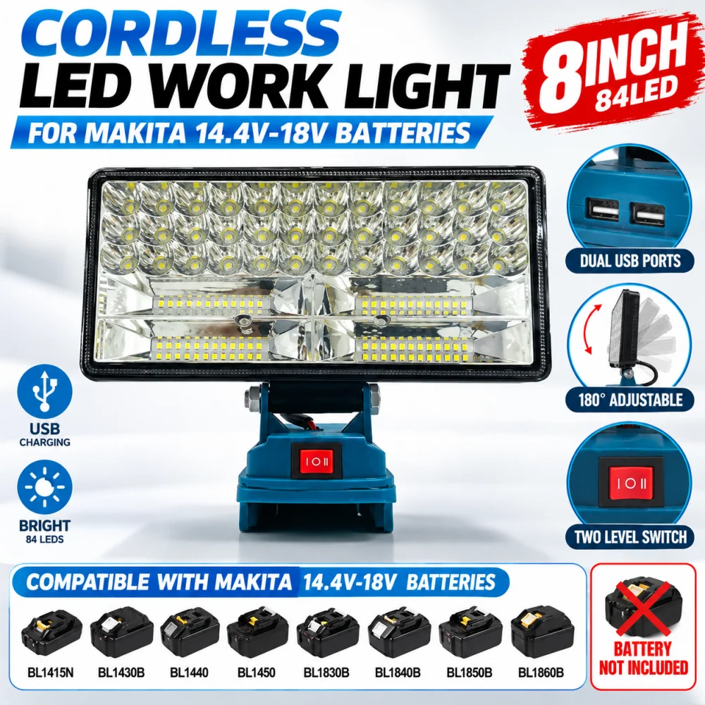 3/4/8 inch Cordless LED Work Light For Makita 14.4V-18V Li-ion Battery Lantern Outdoor Flashlight Camping Lamp Emergency Light