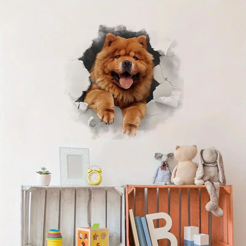 C1156# Chow Dog 3D Break the Wall Self-Adhesive Stickers, Wall Decal Removable, Vinyl Car Sticker for Bathroom Decor
