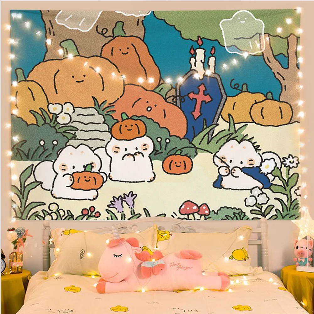 Cute Healing Animal Tapestry Cartoon Hand drawn Illustration Ins Wind Background Cloth Room Bedhead Dormitory Decoration