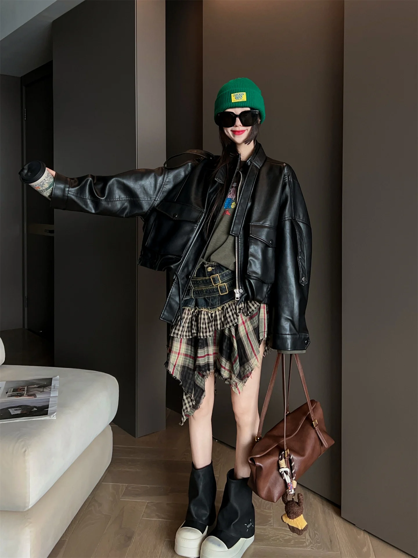 Modieus of dun leer gemaakt jack voor dames herfst winter losse veelzijdige kleine maat top MRS AO casual sle-rits...