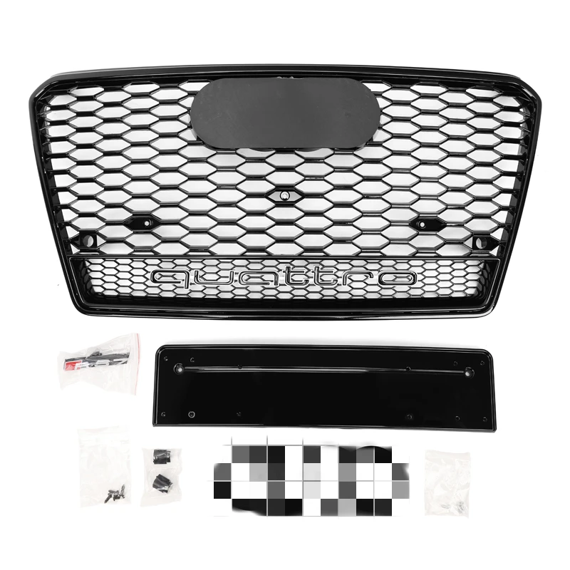 A7 Grill For RS7 Style Front Sport Hex Mesh Honeycomb HoodGrill Gloss Black for  A7/C7 202-2015 With lower mesh