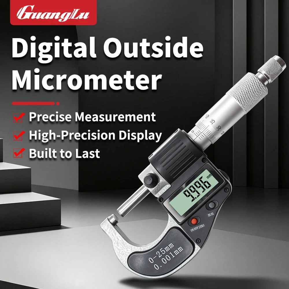 Guanglu 0–25/25–50/50–75/75–100mm Digital Outside Micrometer Resolution 0.001mm Measure Workpiece Outer Diameter & Thickness